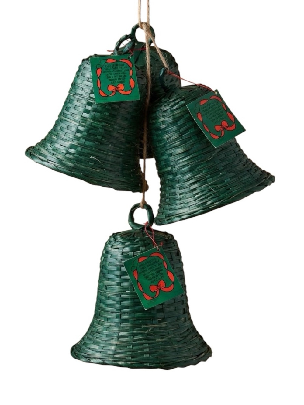 Set of 4 Handcrafted Woven Green Bamboo Christmas Bell Ornaments